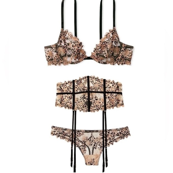 3pc Victoria’s Secret Very Sexy Sheer Leopard Bra‎ Waist Cincher Garter & Thong - Picture 8 of 17